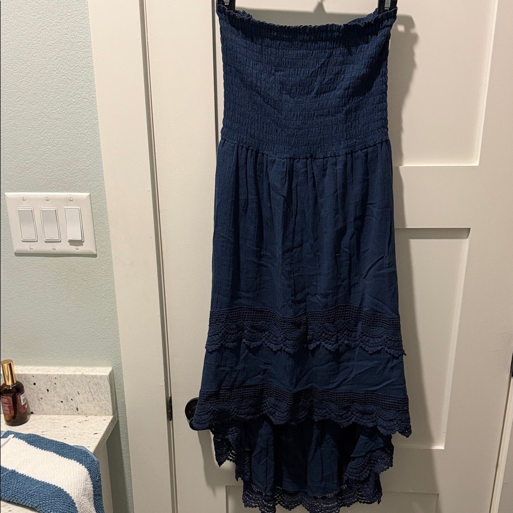 Midnight Blue Strapless Tiered Ruffle Lace High Low Dress 100% Cotton Layered M